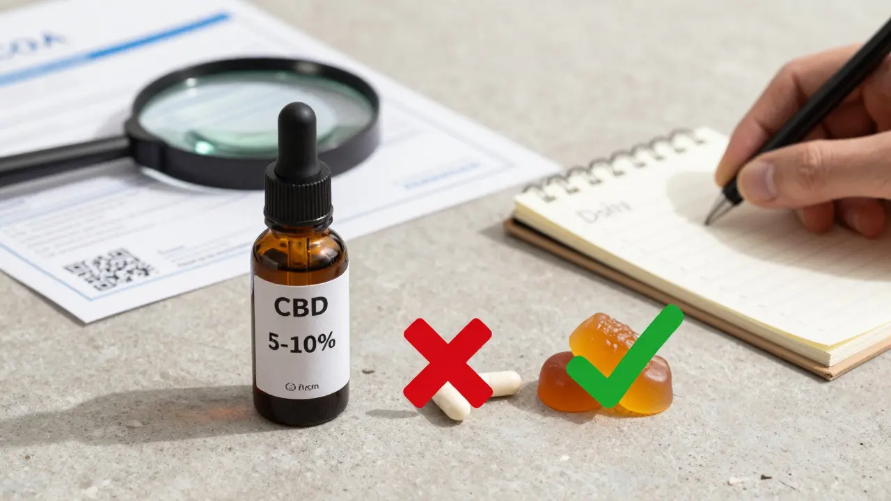 Tři CBD produkty na kamenité desce — olej s kontrolním certifikátem, kapsle a gumičky s křížky, jen olej s zaškrtnutím.