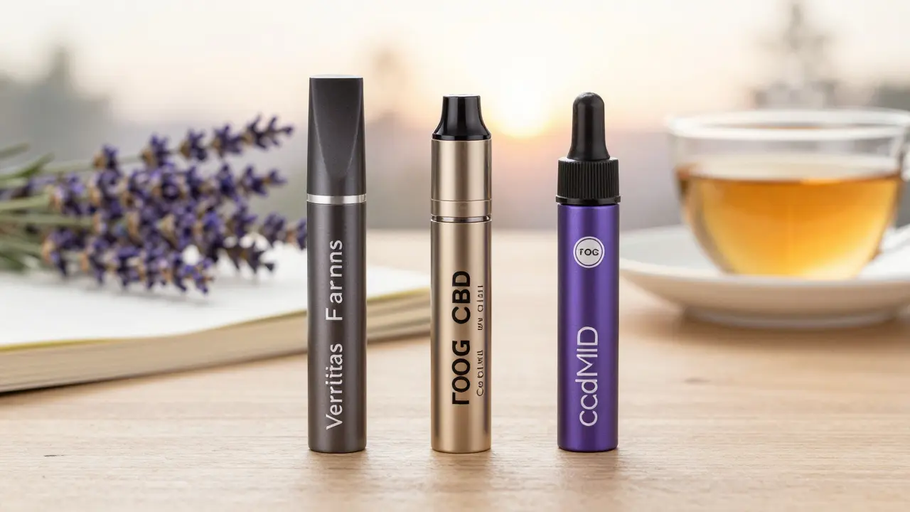 Tři kvalitní CBD vape na dřevěném stole s bylinkami a sešitem.