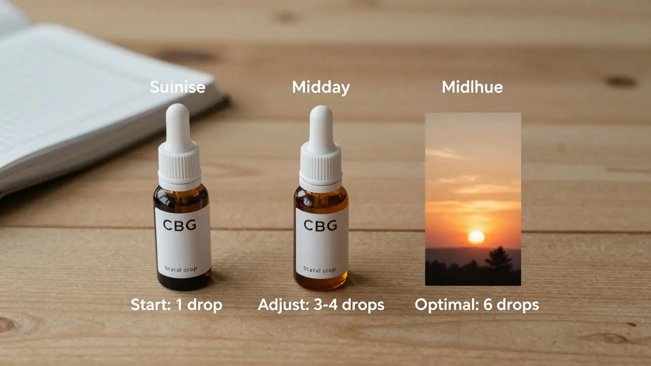 Tři láhve CBG oleje s různými dávkami a časy dne na dřevěném stole.