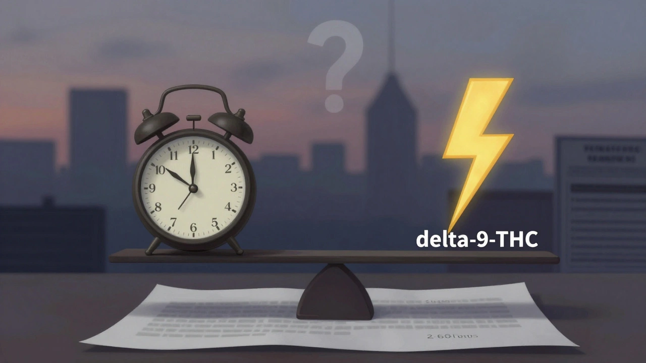 Váha s hodinami a bleskem symbolizující délku a intenzitu účinku HHC a delta-9-THC, s právními varováními v pozadí.