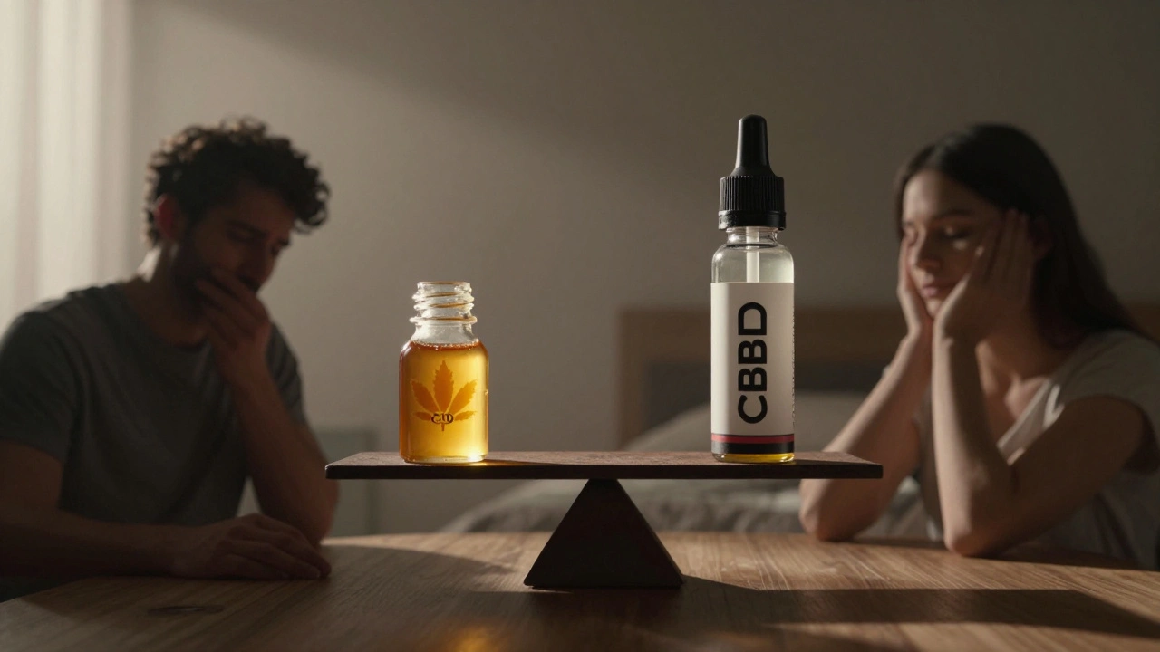 Váha s jednou kapkou CBD koncentrátu na jedné straně a celým kartáčkem na druhé.