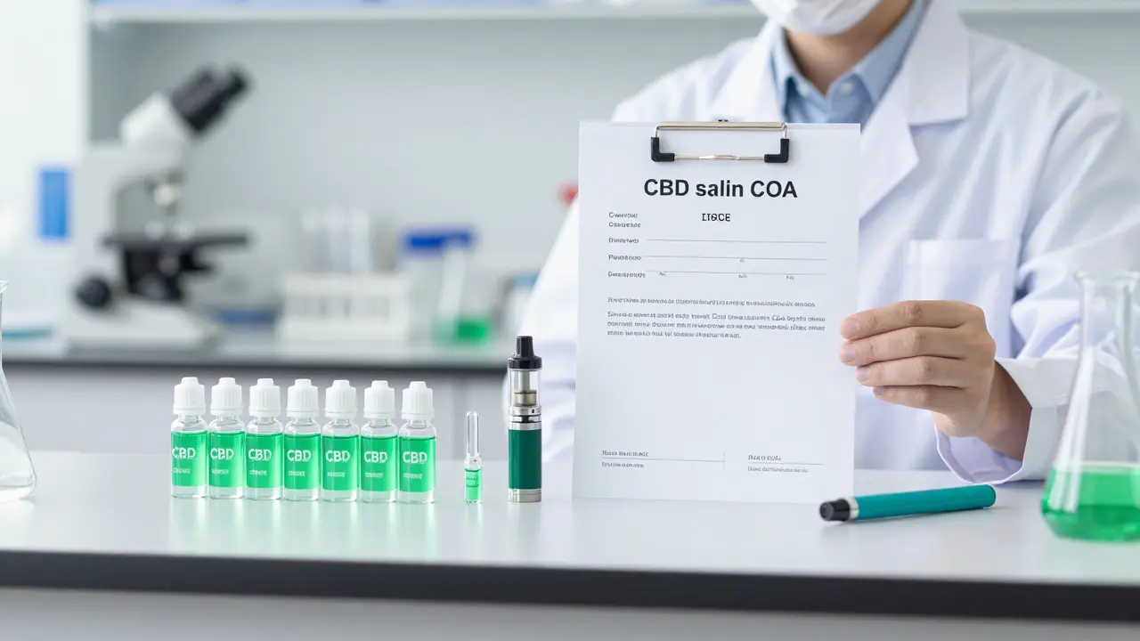 Vědec drží certifikát analýzy pro kvalitní CBD vape.