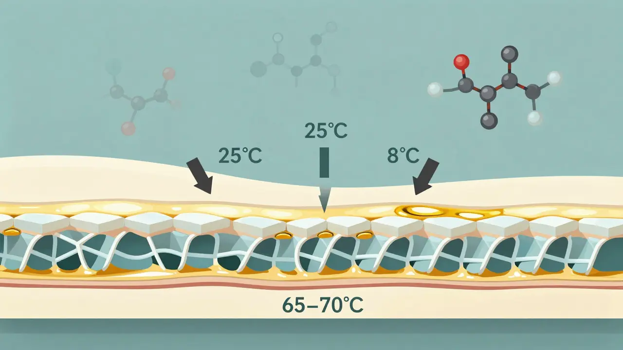 Vědecká ilustrace procesu krystalizace CBD při teplotě 65–70 °C.