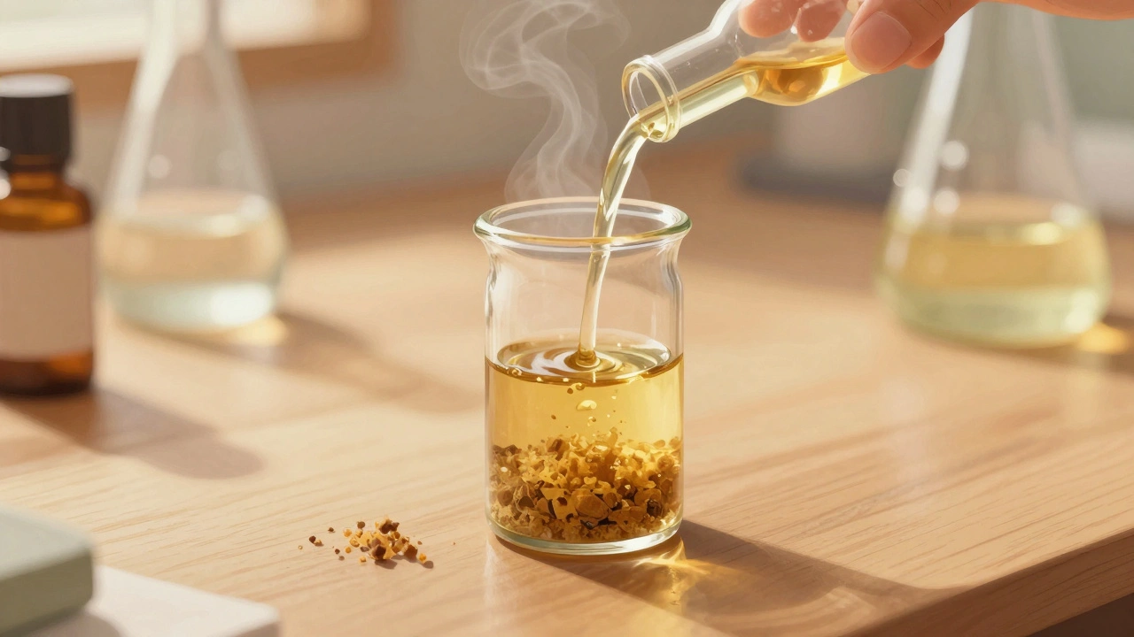 Vodní lázeň zahřívá směs crumble a MCT oleje, která se mění v tekutinu.