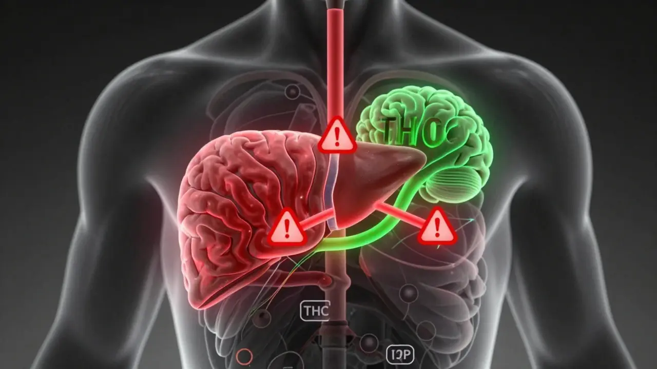 Abstraktní znázornění interakce alkoholu a THC v těle s varovnými symboly.