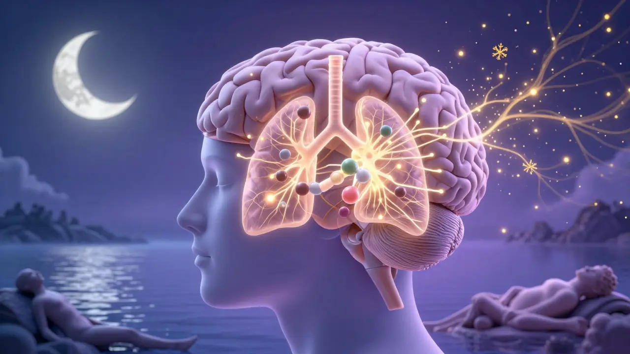 Abstraktní znázornění mozku aktivovaného CBD molekulami.