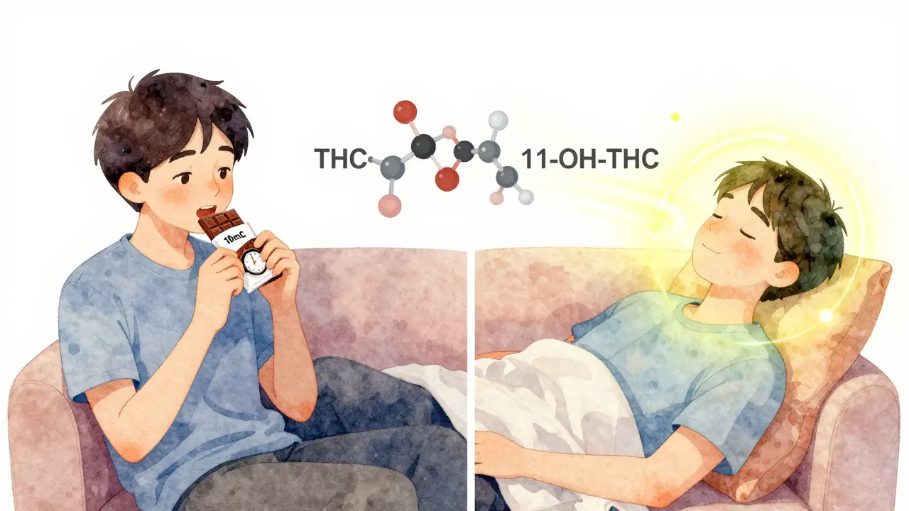 Dvě scény: jedna s nervózním snězením čokolády, druhá s klidným odpočinkem po účinku CBD a THC.