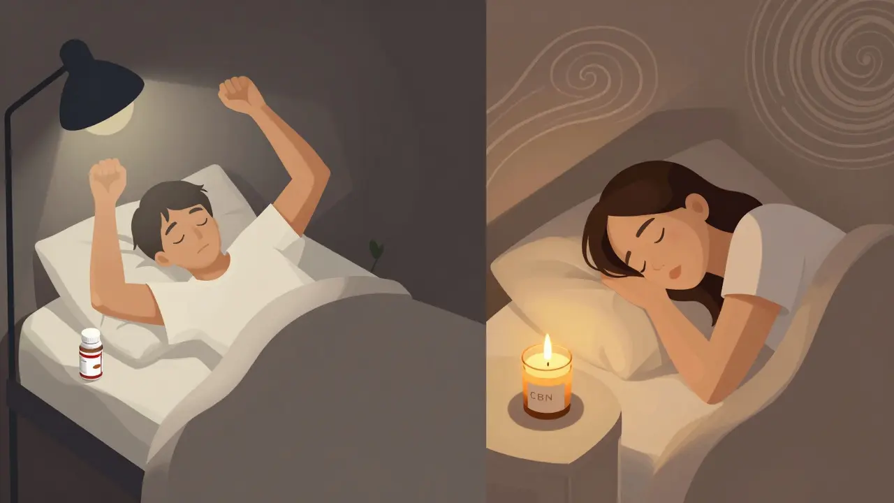 Dvě scény: vlevo rušný spánek s melatoninem, vpravo klidný spánek s CBN, znázorňující rozdíl v kvalitě spánku.