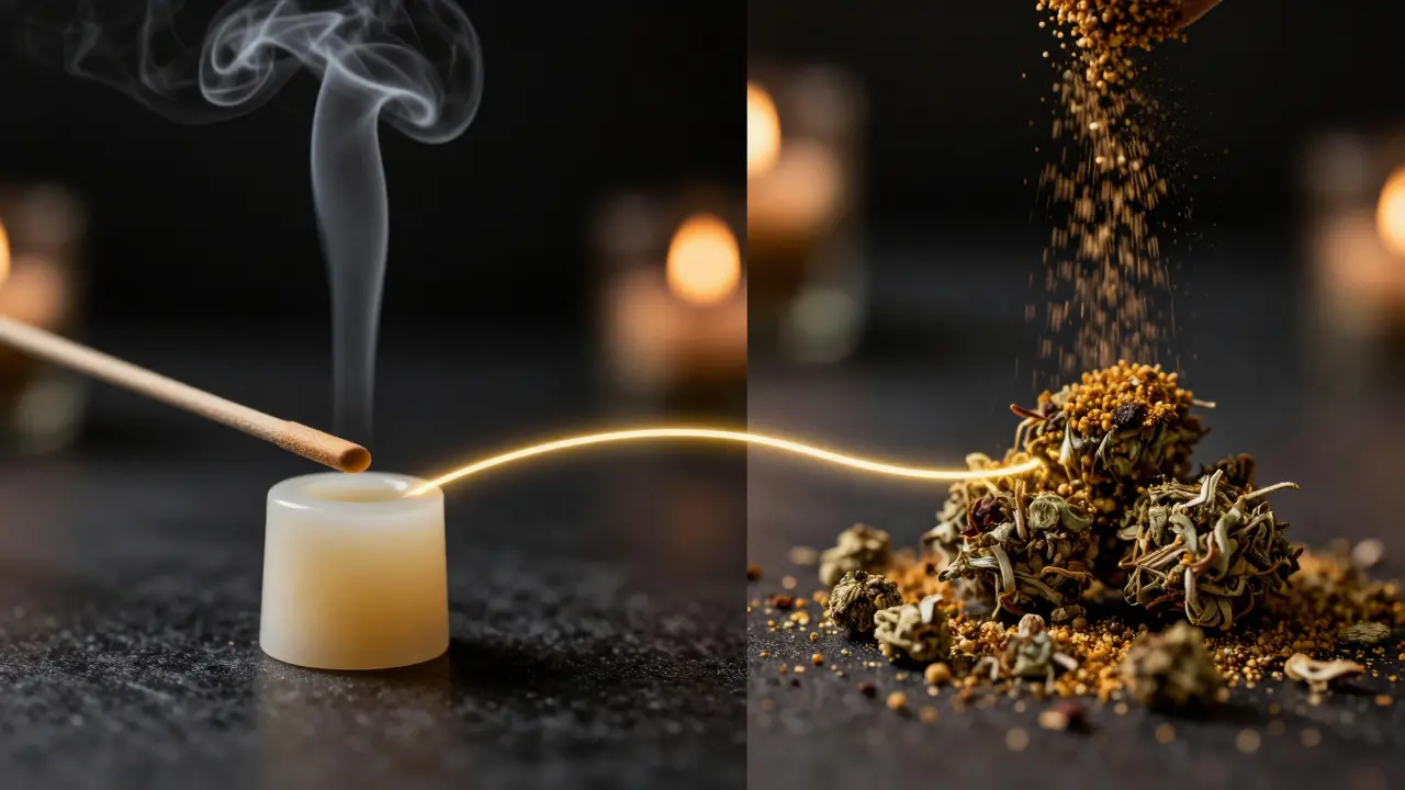 Dvě scény: vosk se taje a crumble se přidává ke kouřené rostlině, spojené zlatou linii účinku
