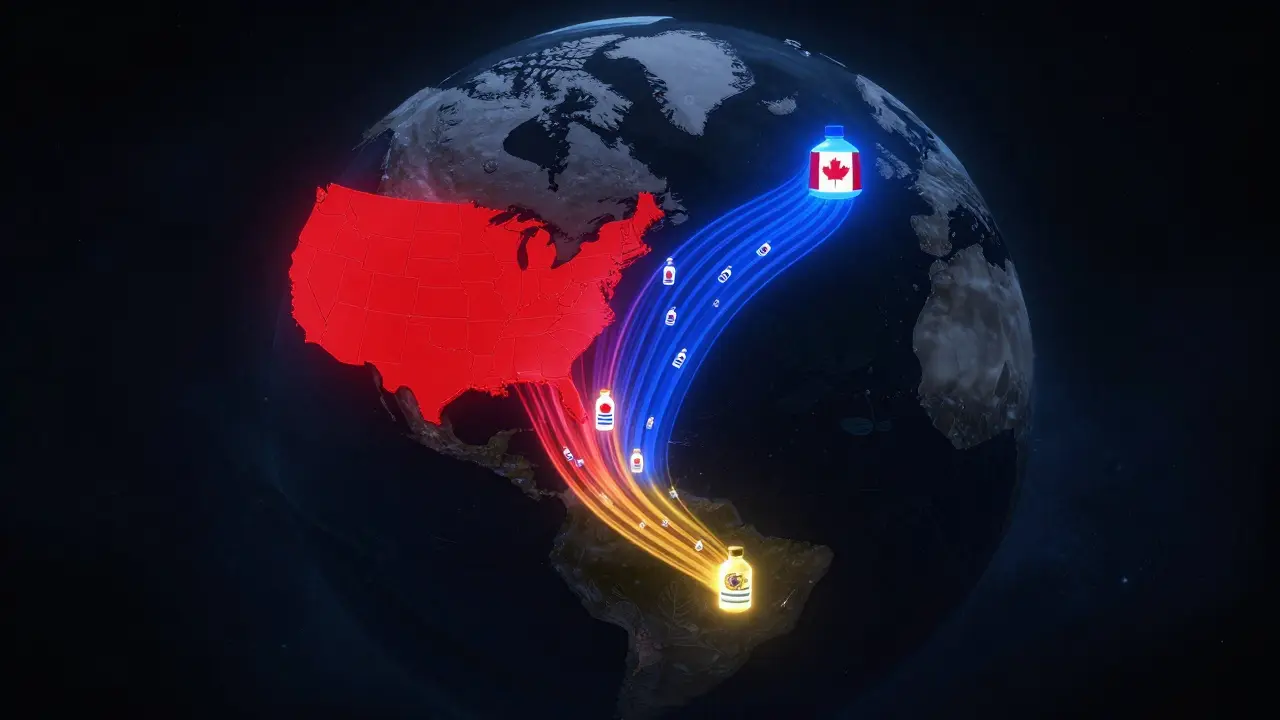 Globus s proudy spotřeby konopí z USA, Kanady a Urugvaje, symbolizující nejvyšší spotřebu na hlavu.