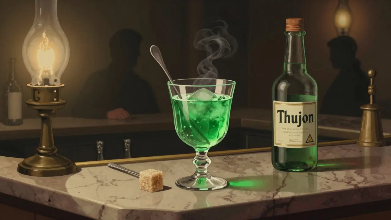 Historická scéna absintu v pražské hospodě v 19. století.