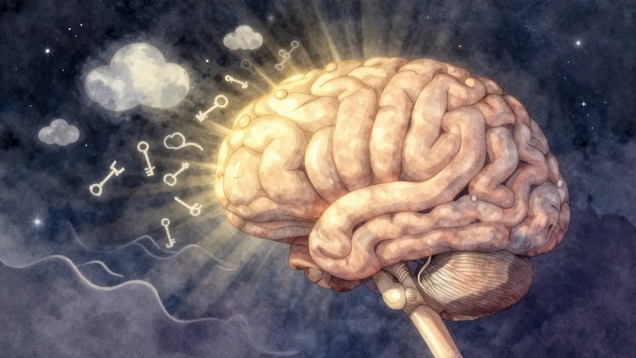 Koncepční obrázek lidského mozku s zlatým zářením v oblasti REM spánku a abstraktními prvky snů.