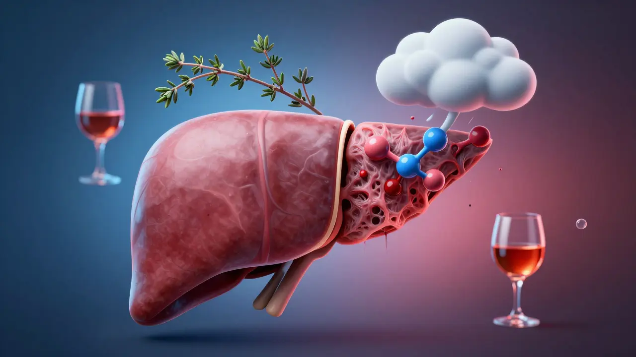 Konzepční obrázek játra s porovnáním zdravé a poškozené tkáně.