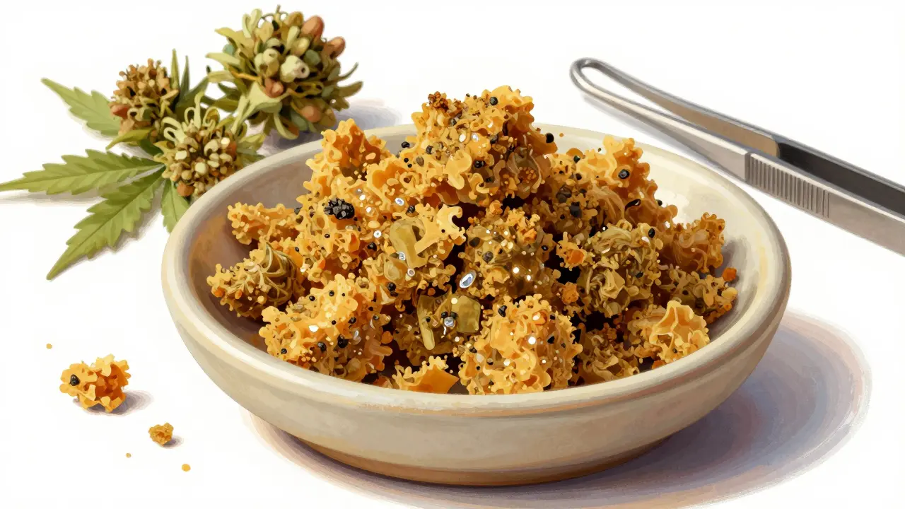 Křupavý CBD crumble v keramickém talíři s viditelnými kousky a sušenými listy konopí