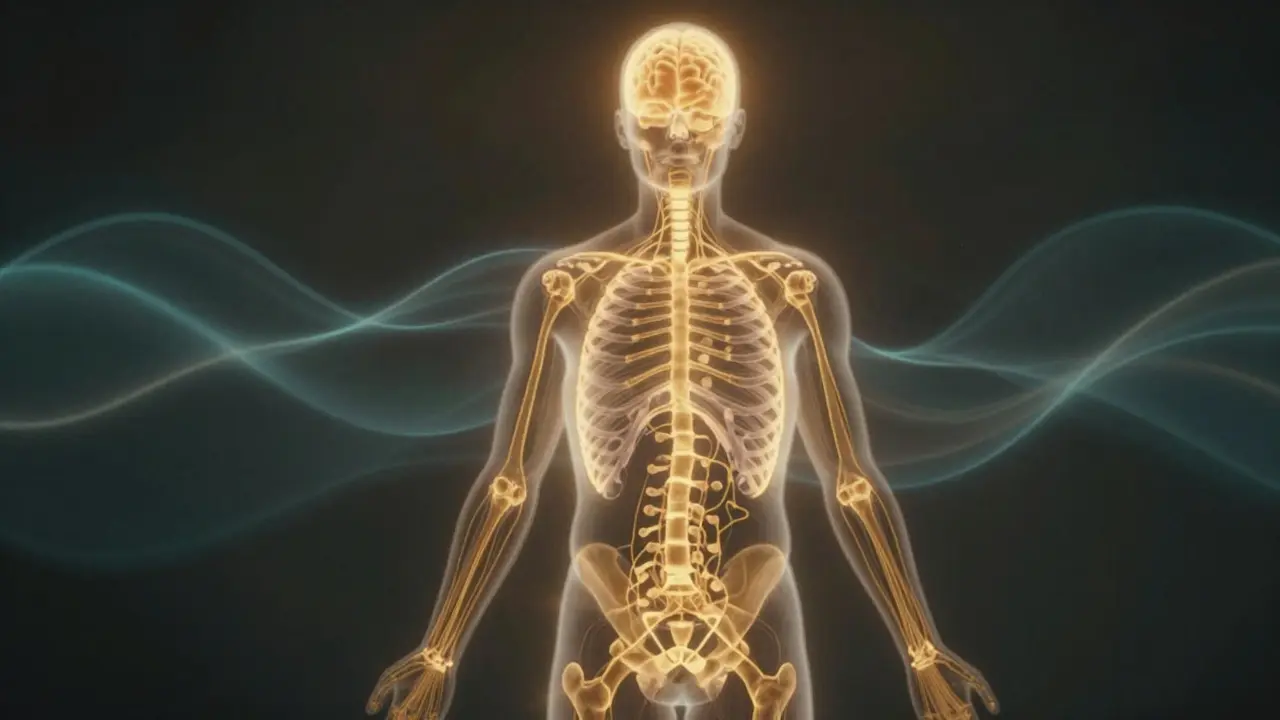 Lidský silueta s zlatými cestami v těle symbolizujícími uklidnění stresu a bolesti.