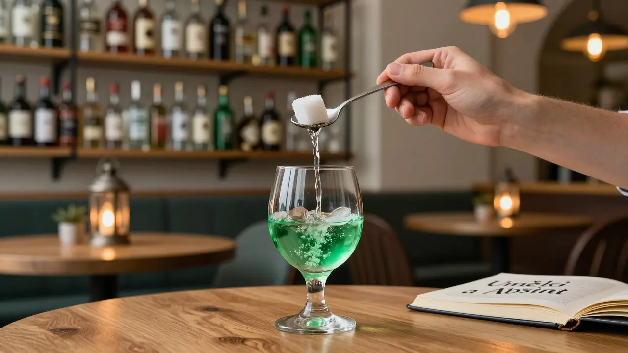 Moderní pražská kavárna, kde se připravuje absint tradičním způsobem s kapající vodou a změnou barvy.