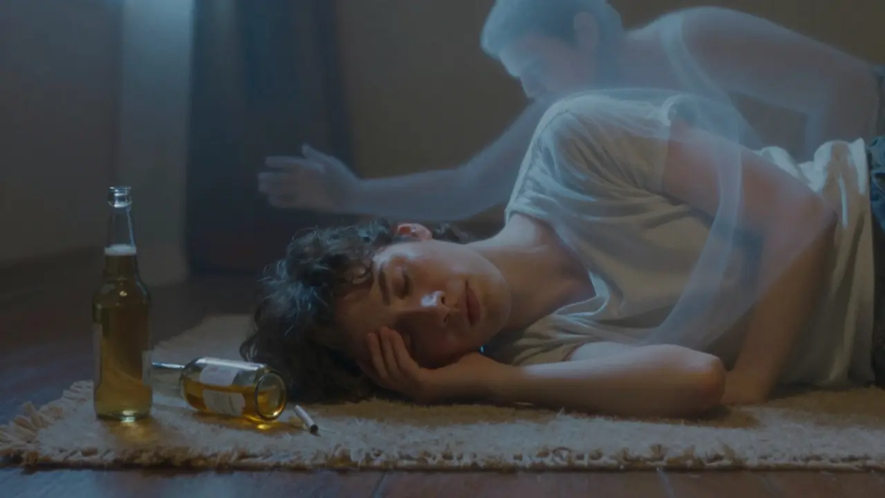 Osoba leží v temné místnosti, vedle ní pivo a marihuana, stín jejího klidnějšího já.