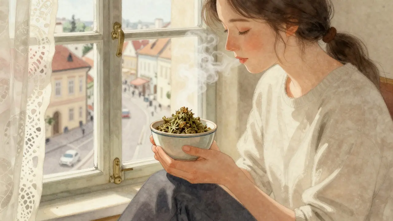 Osoba pije čaj z sušených konopných květů CBD na okně, klidně se dívá ven do české ulice.