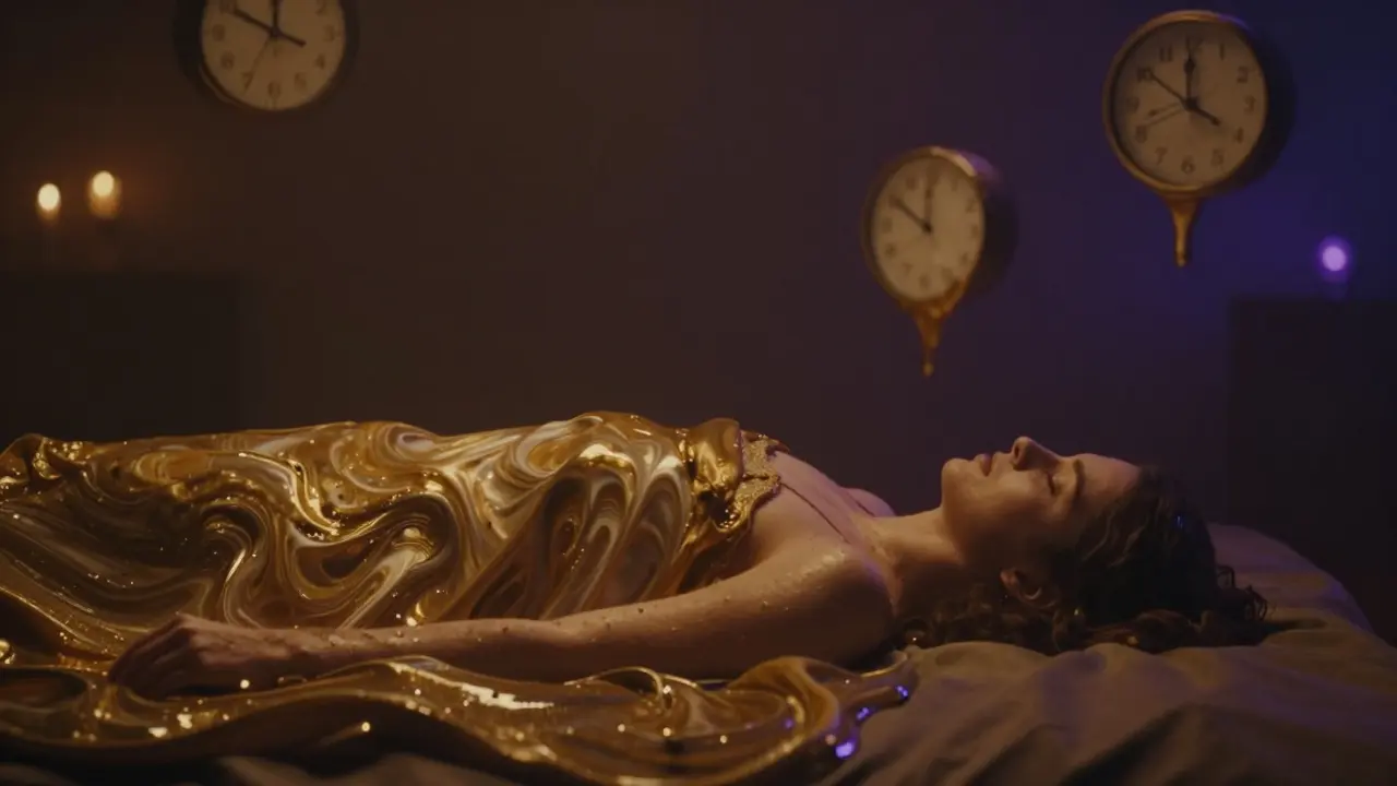 Person floating in golden waves with distorted time, representing HHC-O's long-lasting effects.