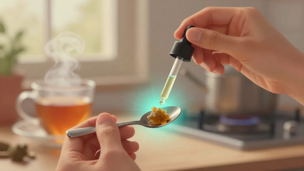 Ruka drží malý kousek CBD crumble pod jazykem, symbolicky vyobrazený vstřebávání do krve.