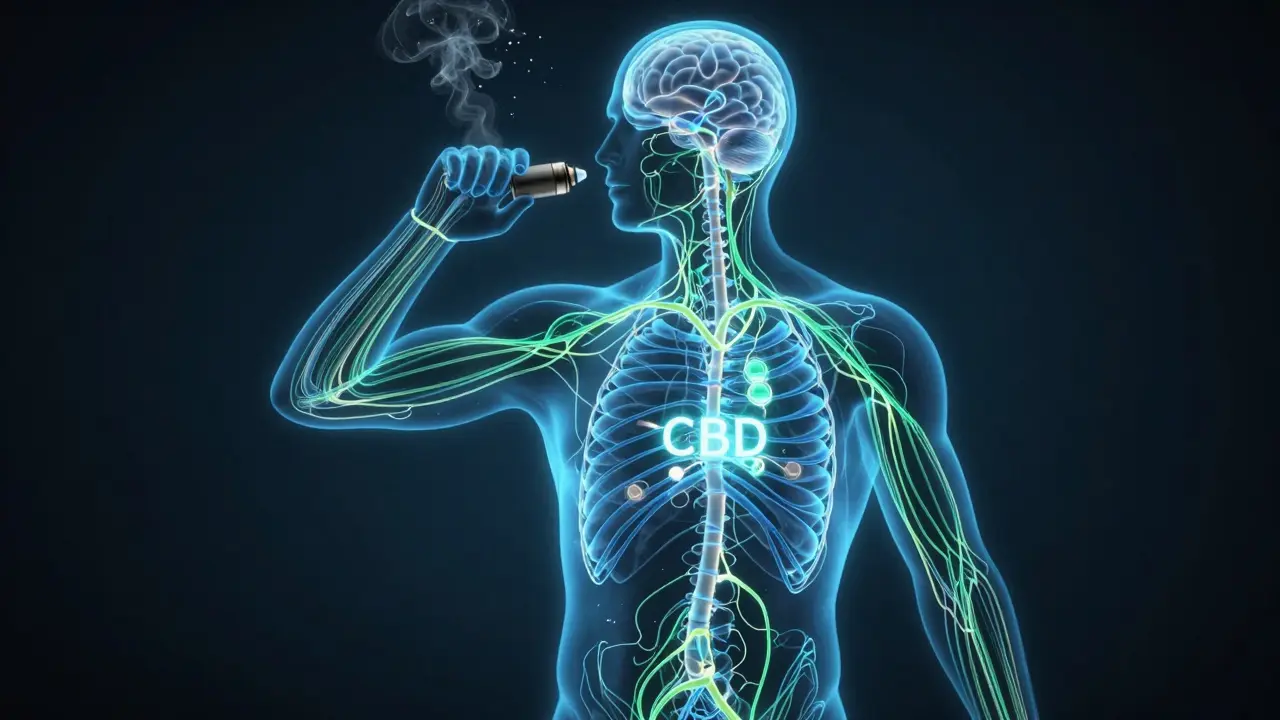 Schematický obraz nervového systému s CBD interagujícím s receptory.