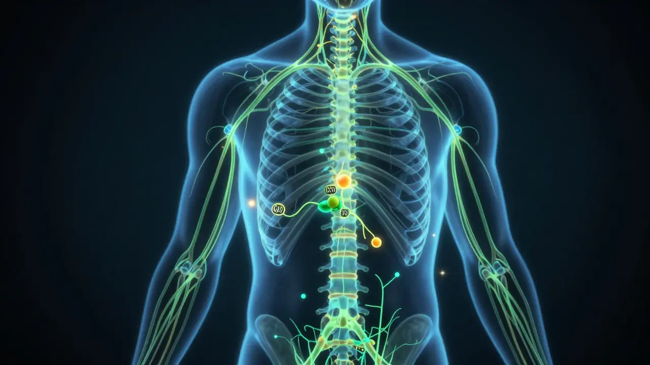 Schematický obraz nervového systému s CBD molekulami ovlivňujícími bolestivé receptory.