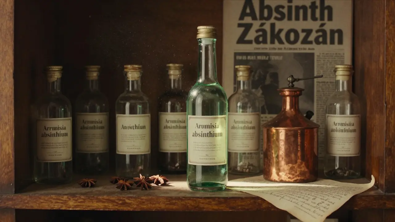 Starožitná česká lékárna s láhvicemi bylin, měděným destilačním zařízením a láhvičkou absintu na světle.