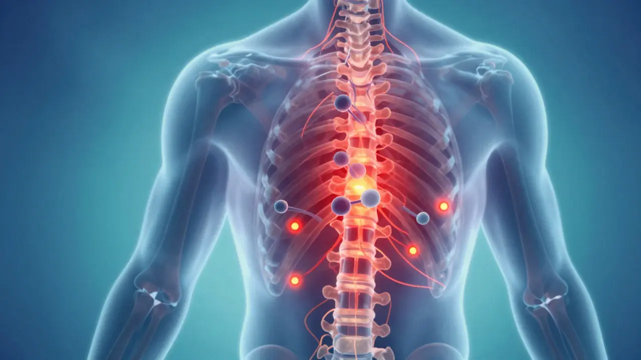 Transparenční ilustrace lidského těla s CBD molekulami potlačujícími zánětlivé signály v kloubech a nervách.