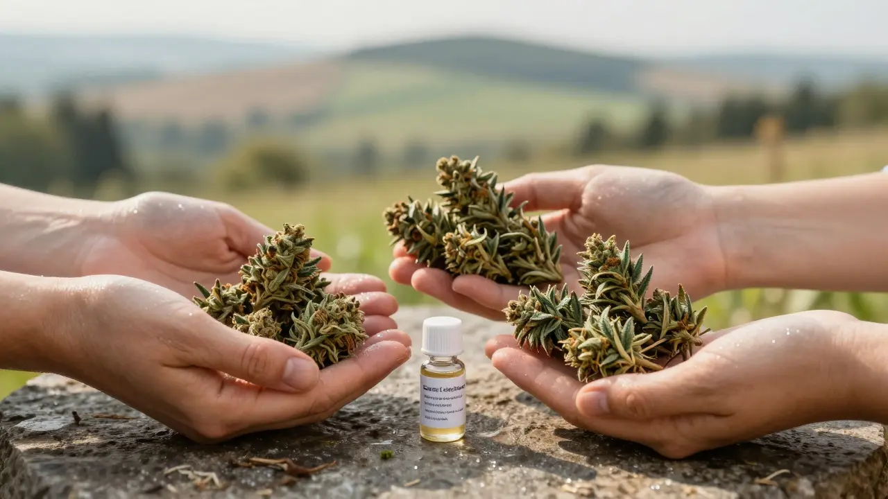 Tři druhy kvalitních CBD květů na kamenité ploše s laboratorním certifikátem.