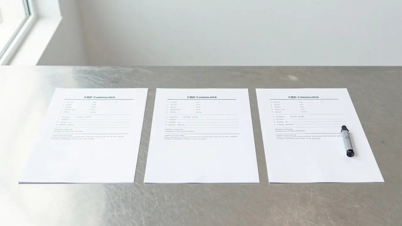 Tři laboratorní analýzy a jedna karta CBD vapy na ocelovém stole