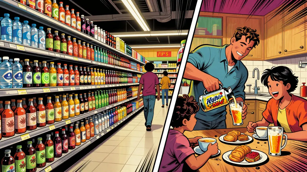 V supermarketu v Portlandu a na snídani v Kanadě lidé pijí konopné nápoje.