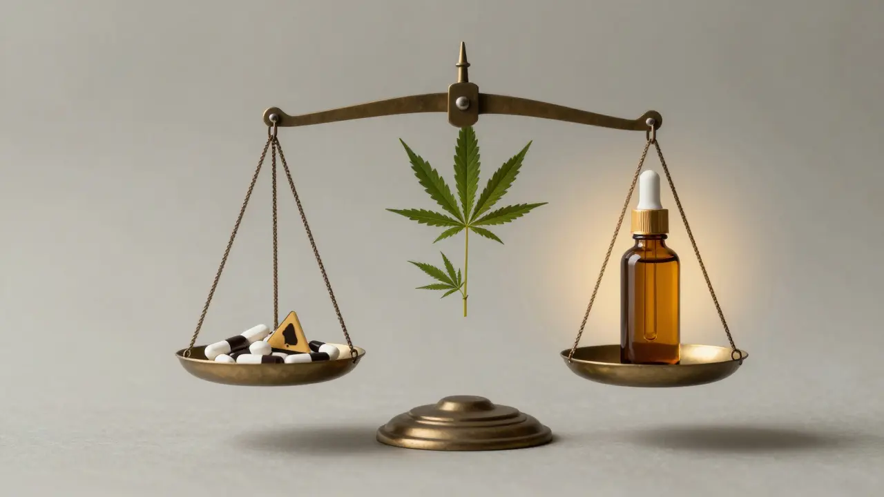 Váha s opioidy a CBD olejem, symbolizující bezpečnější alternativu pro bolest.