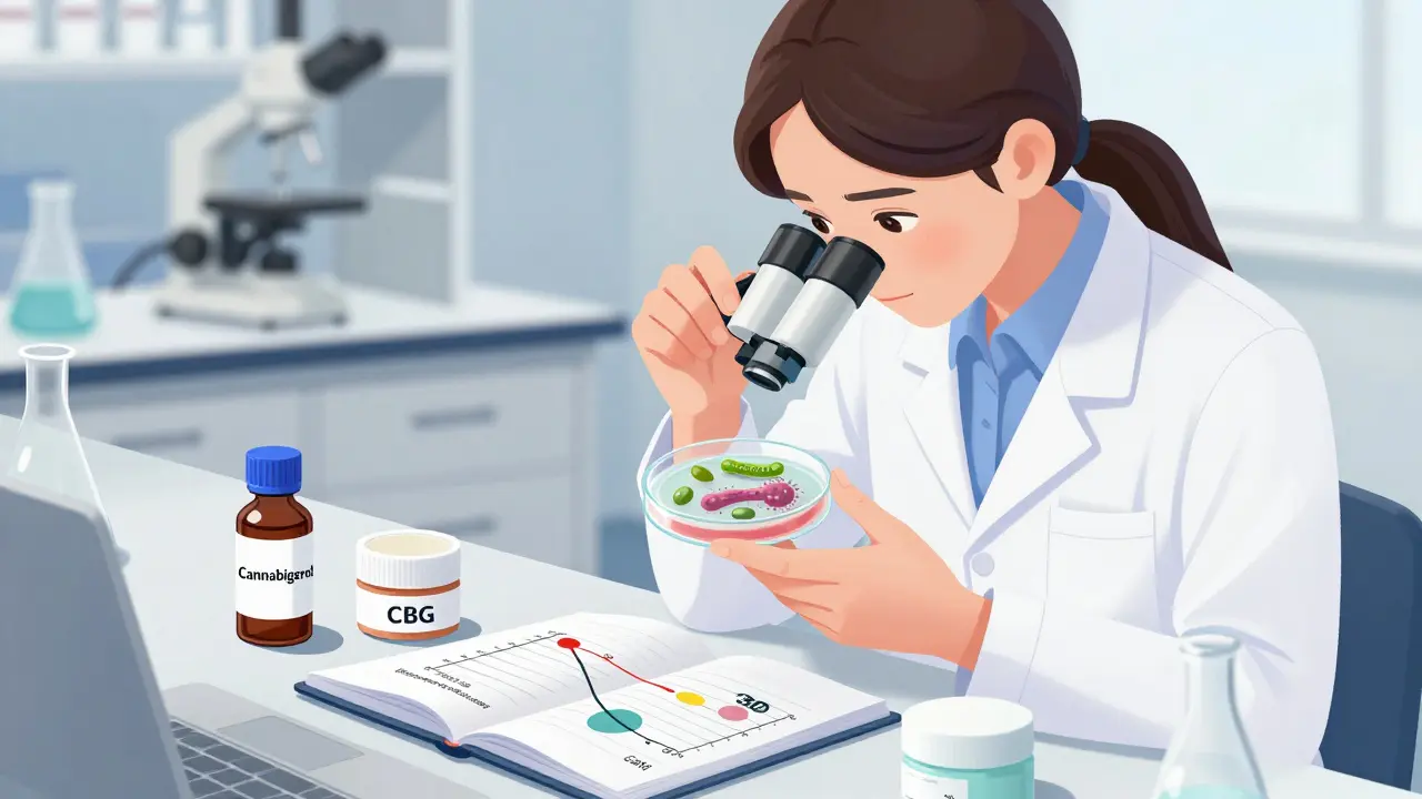 Vědkyně v laboratoři zkoumá petriho misku s bakteriemi, vedle ní je lahvička CBG a laboratorní záznamy.