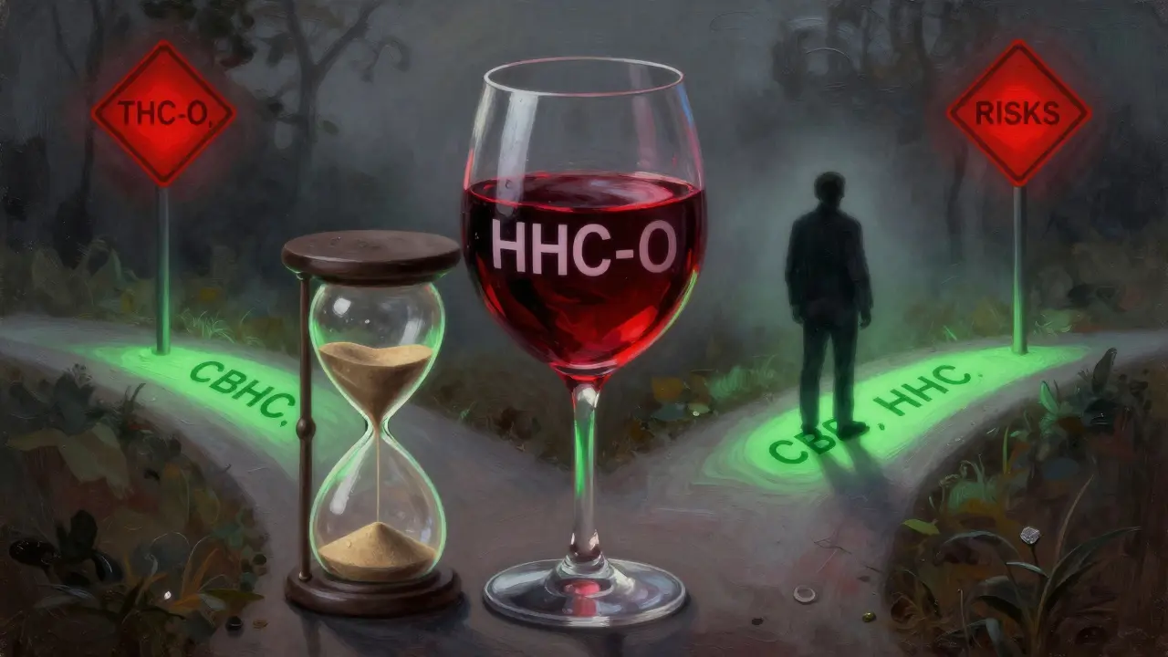 Wine glass labeled HHC-O beside hourglass, with crossroads symbolizing safe vs. risky alternatives.