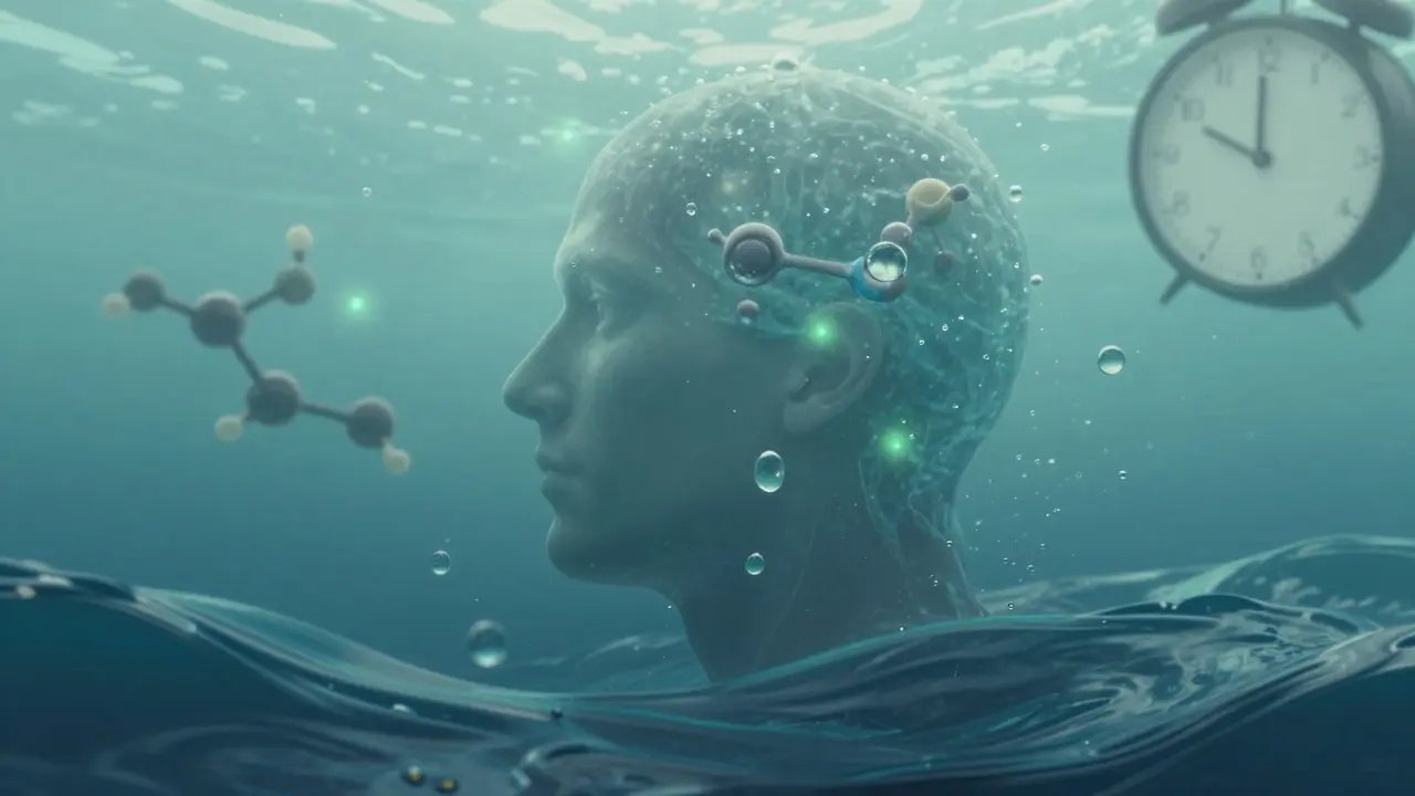 Abstraktní hlava obklopená kapekmi vody a klidnými vlnami, symbolizujícími hydrataci a čas.