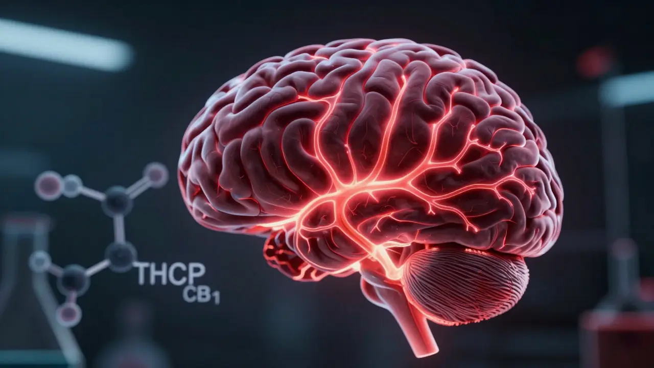Abstraktní obrázek lidského mozku s intenzivně zářícími nervovými cestami a molekulami THCP a THC.