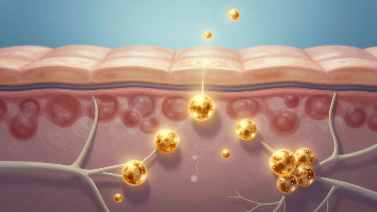 CBD molekuly pronikají do kůže a interagují s receptory v epidermě a dermě, vizualizováno jako zlaté částice.