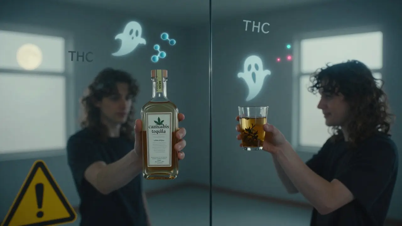 Člověk drží láhev 'cannabis tequila', jeho zrcadlový odraz drží CBD čaj, kolem symboly varování.