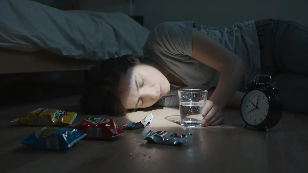 Člověk na podlaze v temné místnosti po předávkování edibily.