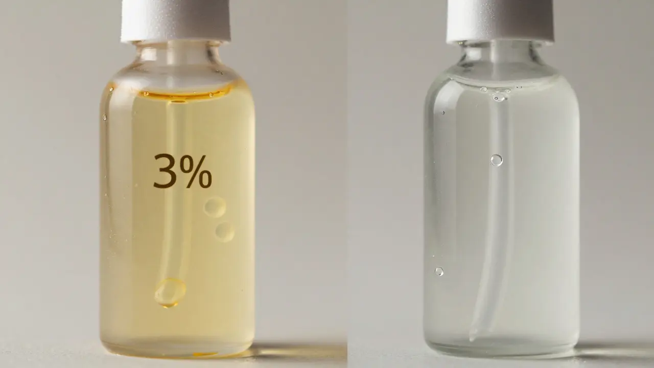 Dva topické produkty CBD: jeden s vysokou koncentrací a nosiči, druhý s nízkou koncentrací, viditelný rozdíl v pronikání do kůže.