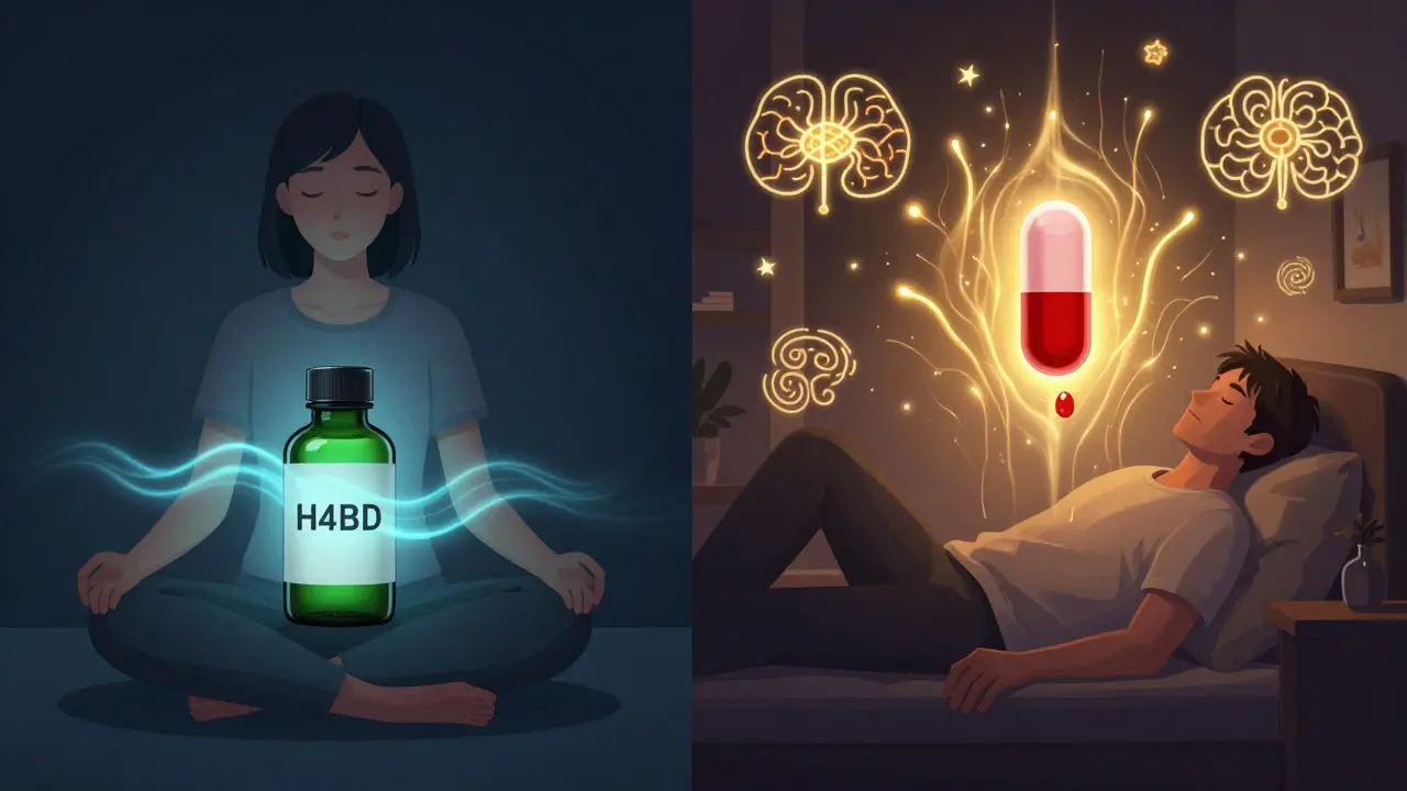 Dvě scény: klidná osoba s H4CBD a druhá s HHCO, znázorňující rozdílné psychoaktivní účinky