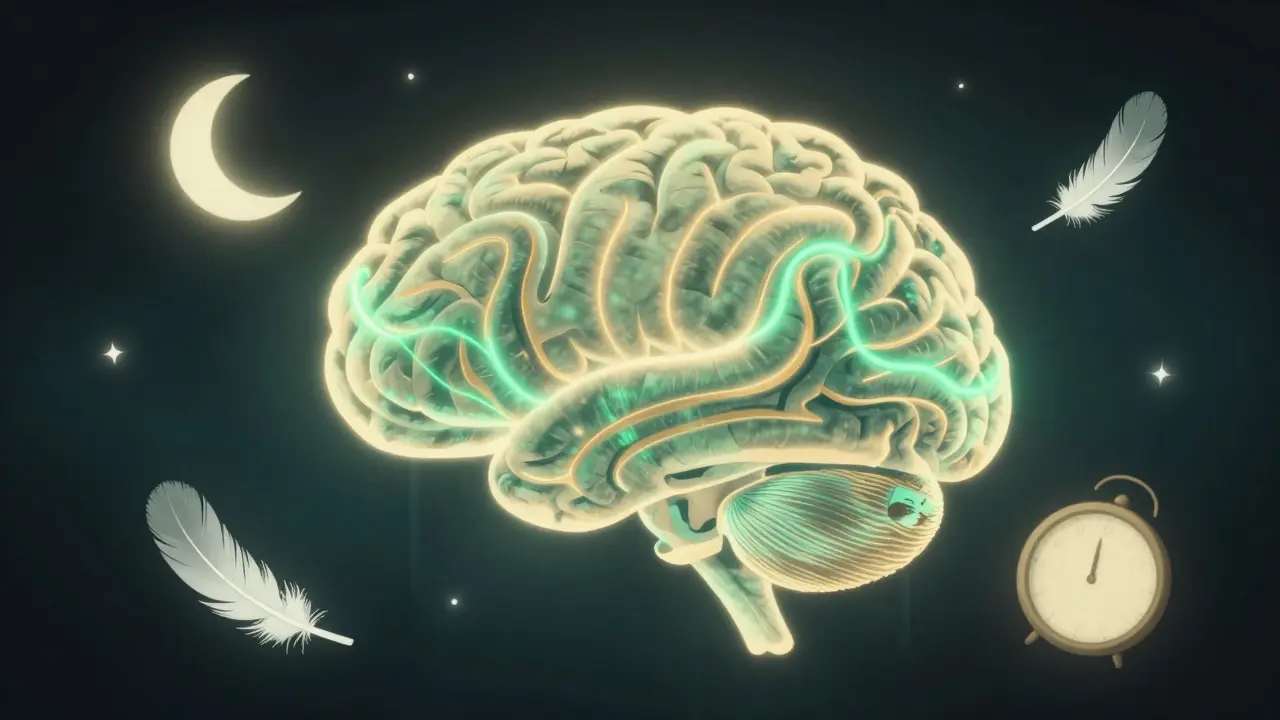 Kreslený mozek s jemnými světelnými vlnami symbolizujícími klid a rovnováhu.