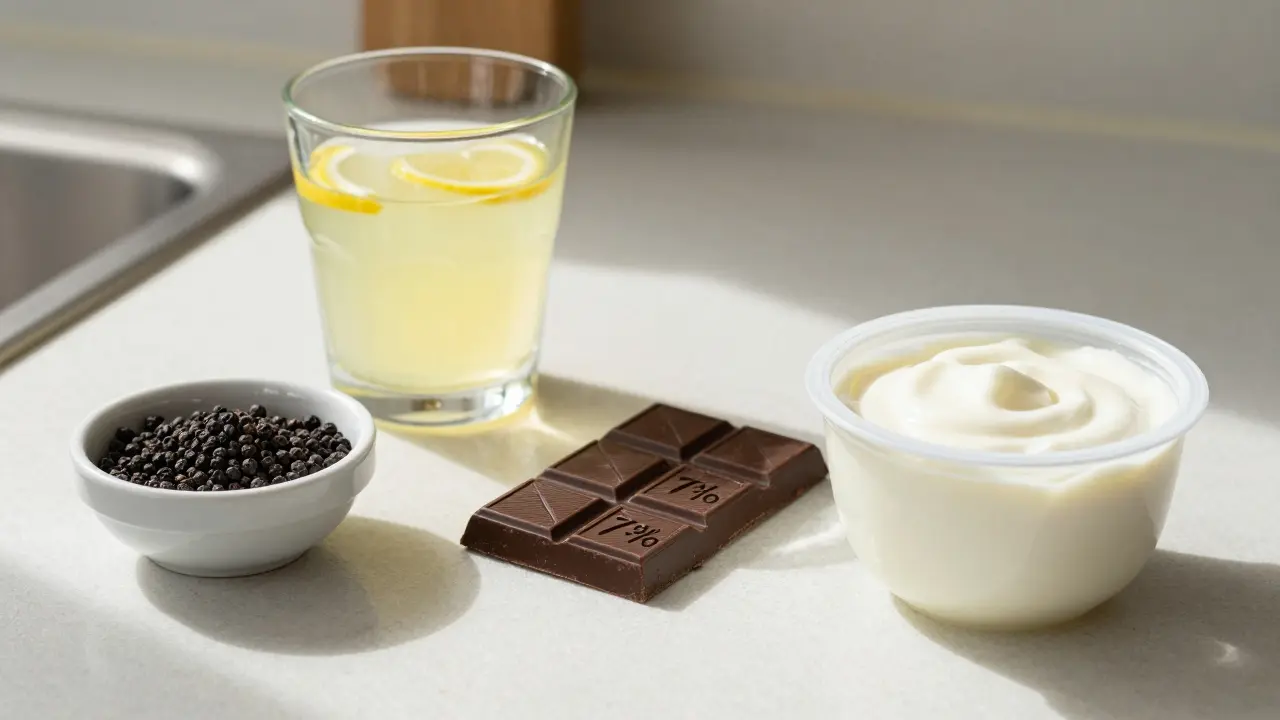 Na stole jsou čerstvý citron, černý pepř, jogurt a tmavá čokoláda bez popisků.