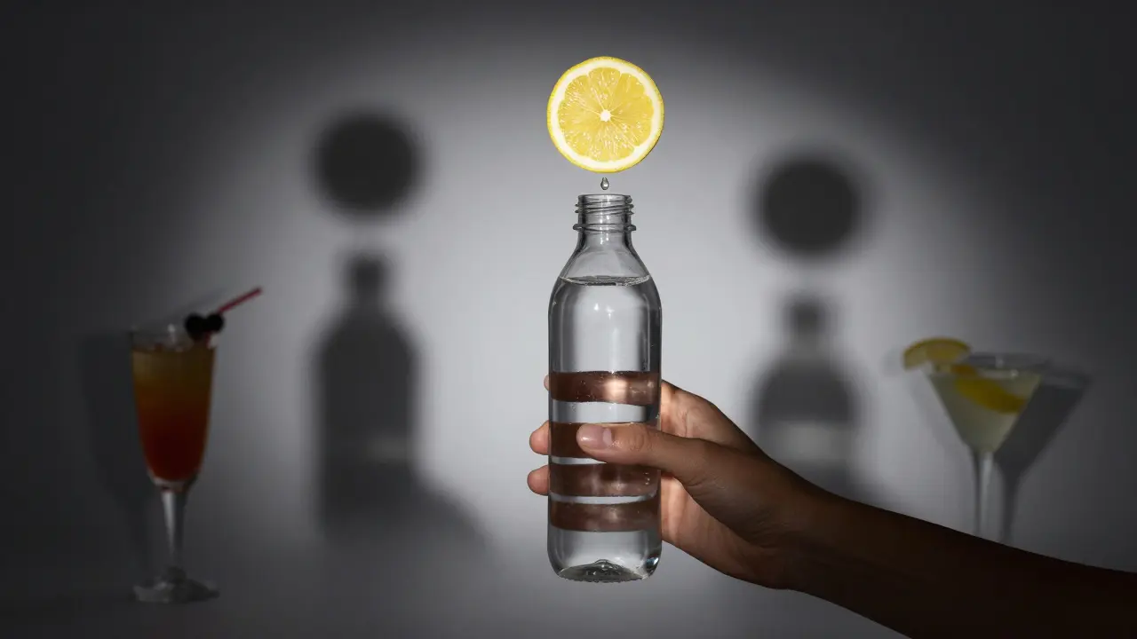 Osoba drží vodu s citronem, zatímco stíny sladkých nápojů mizí v pozadí.