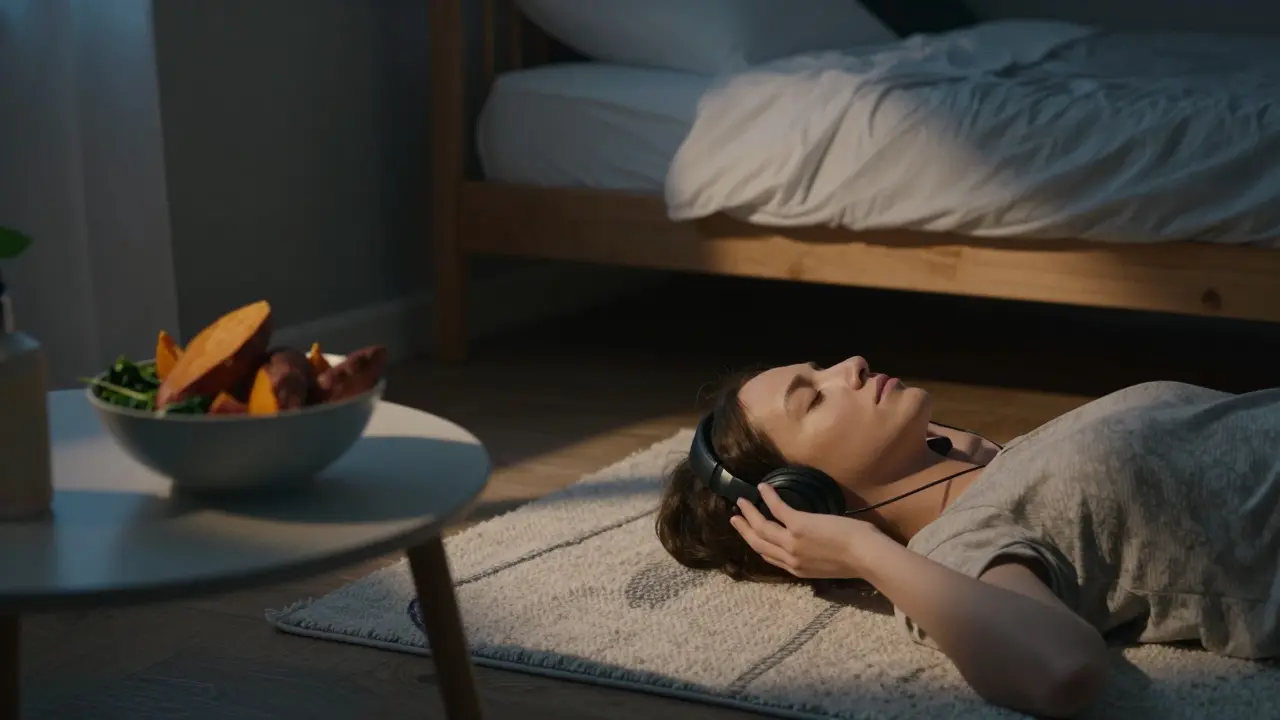 Osoba poslouchá klidnou hudbu v posteli, vedle ní jsou sladké brambory a špenát.