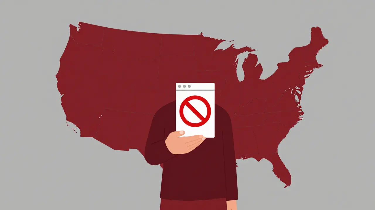 Osoba s červeným křížkem nad produktem, symbolizující nelegální stát. Minimalistická ilustrace.