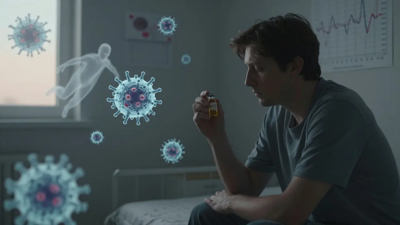 Osoba s vypečeným delta-8 a imunitními buňkami kolem ní