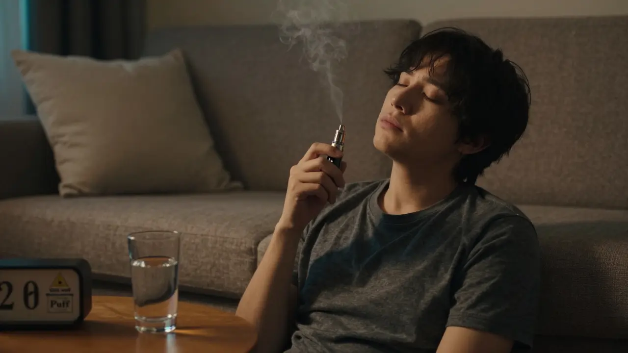 Osoba sedící v klidu s jednorázovým vape zařízením, v pozadí voda a hodiny.