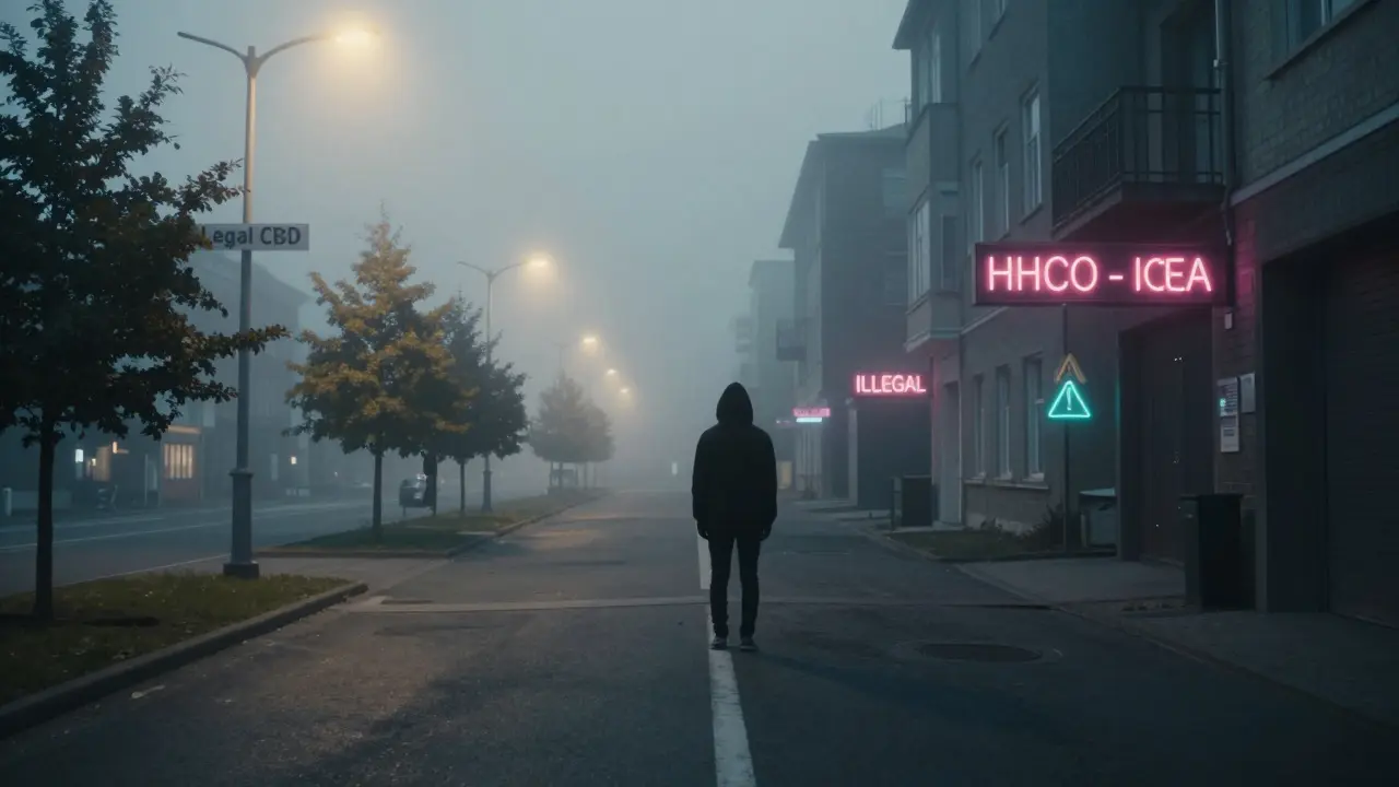 Postava na hranici legální a ilegální zóny s různými symboly pro CBD a HHCO v českém městě