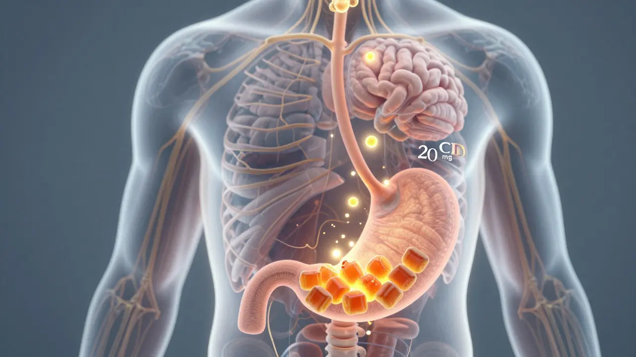 Průhledný lidský tělo s CBD molekulami cestujícími z žaludku do mozku.